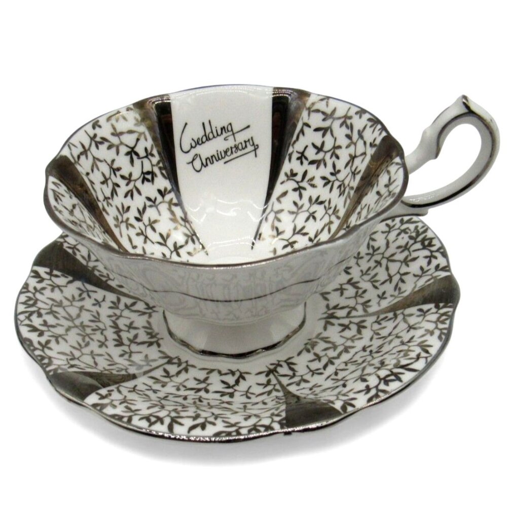 QUEEN ANNE Silver Lace Wedding Anniversary Cup And Saucer England Leaf Design